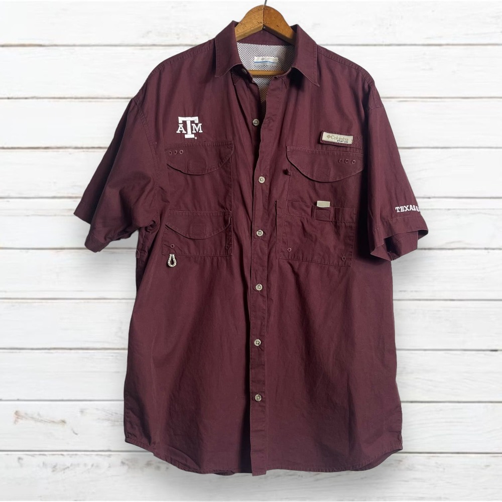 Columbia PFG Men's Maroon Texas A&M Short Sleeve Fishing Button-Up Shirt‎ Size M